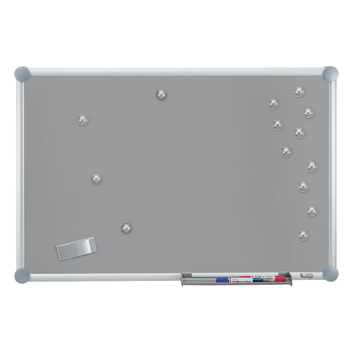 Gray magnetic board, with markers, magnets and sponge.