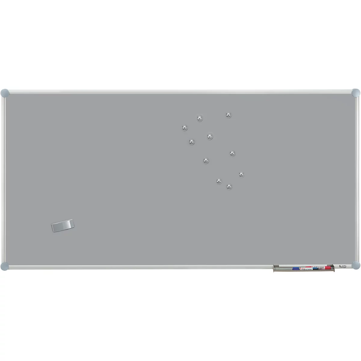 Grey board with silver magnets and a sponge.