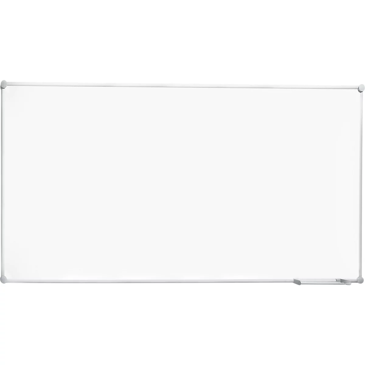 White whiteboard with gray frame. There is a small pen holder on the bottom right.