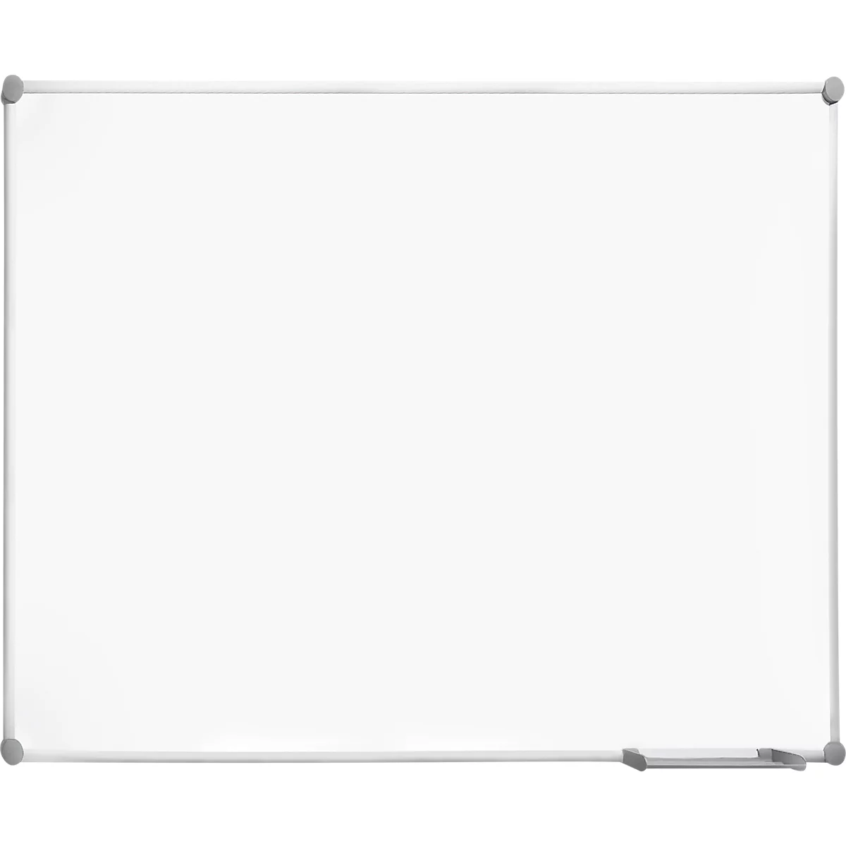 A blank white board with a silver frame. A sponge lies on the bottom edge.