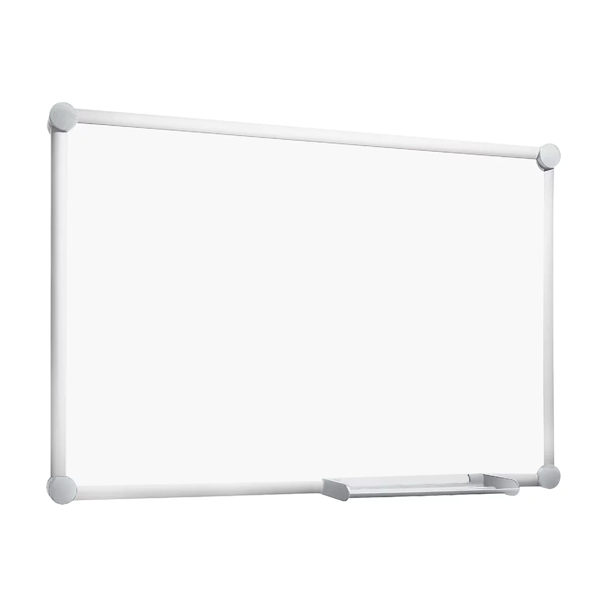 Whiteboard with a silver frame and shelf. Corner connectors and frame are round.