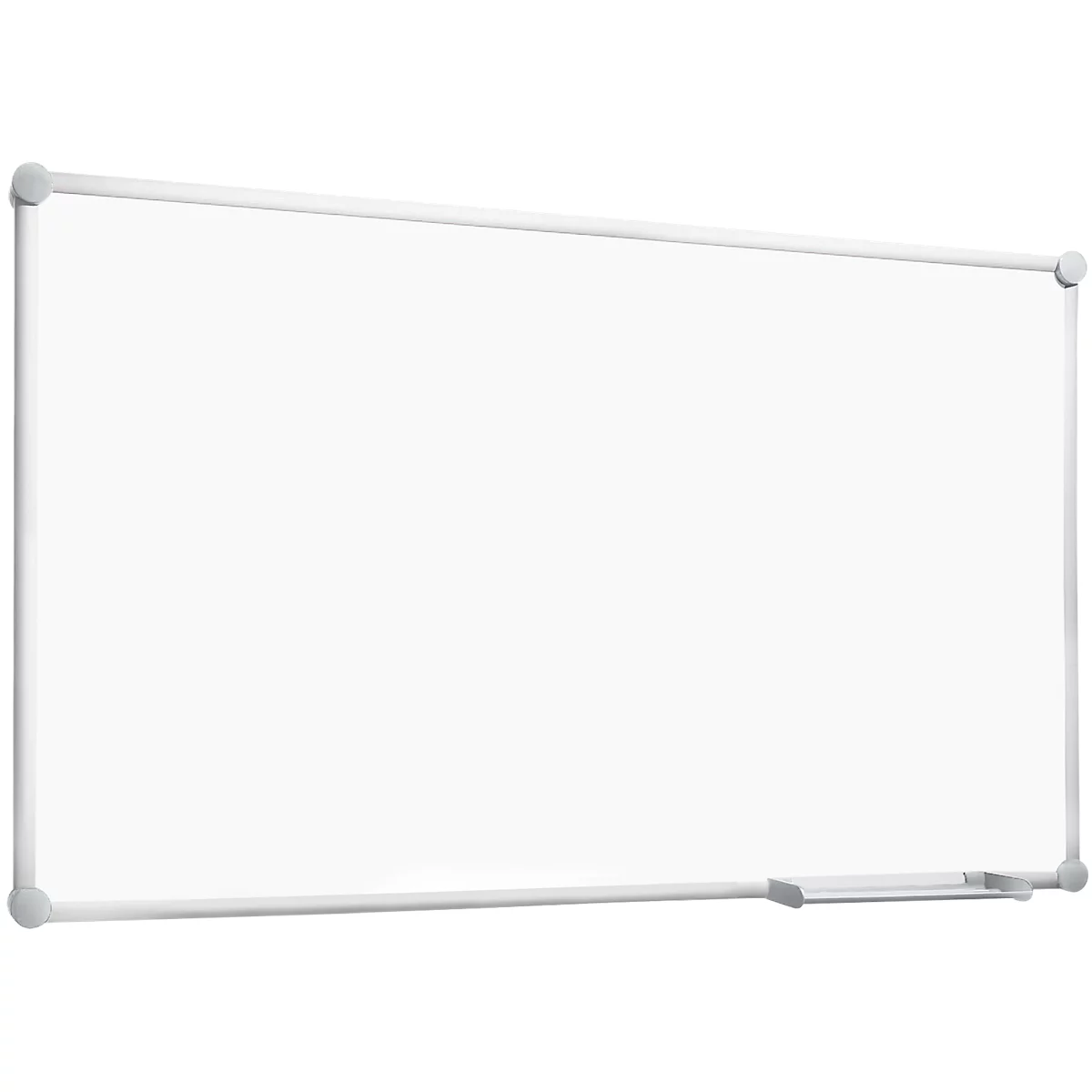 Whiteboard with silver frame, dry-erase. A sponge holder is attached to the bottom.