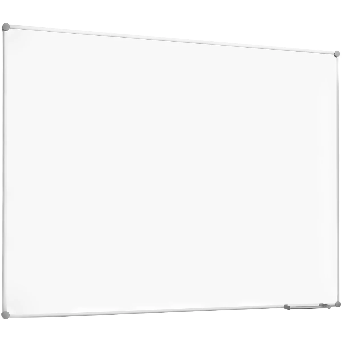 An empty, rectangular white board with a narrow silver frame.