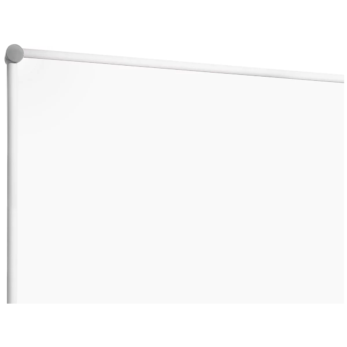 Close-up of a white projector screen with a white casing and a gray knob.