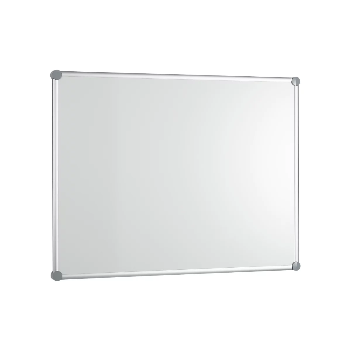 A white whiteboard with a silver frame. Corner connectors in gray.