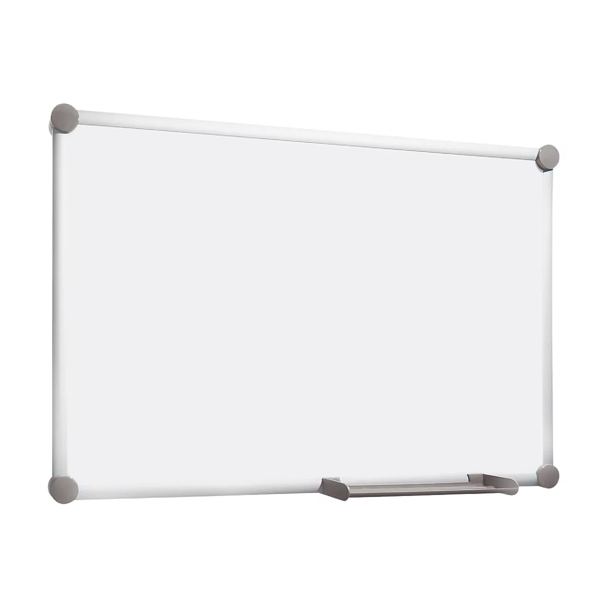 White whiteboard with silver frame and holder for pens at the bottom. Corner connections gray.
