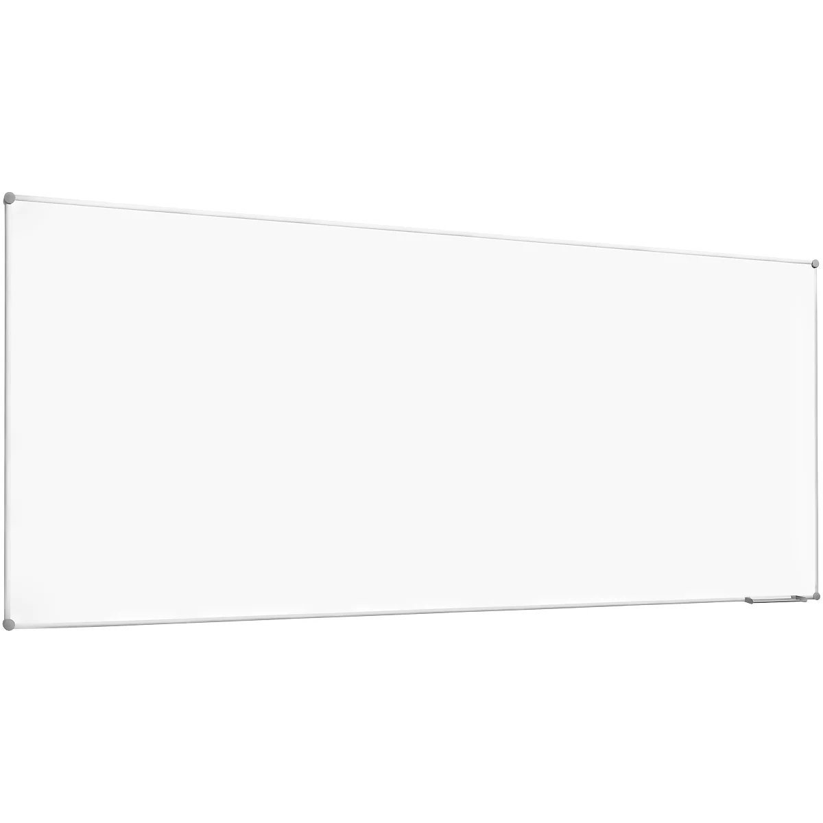 White rectangular whiteboard with a narrow, silver-colored frame, viewed slightly from the top right.