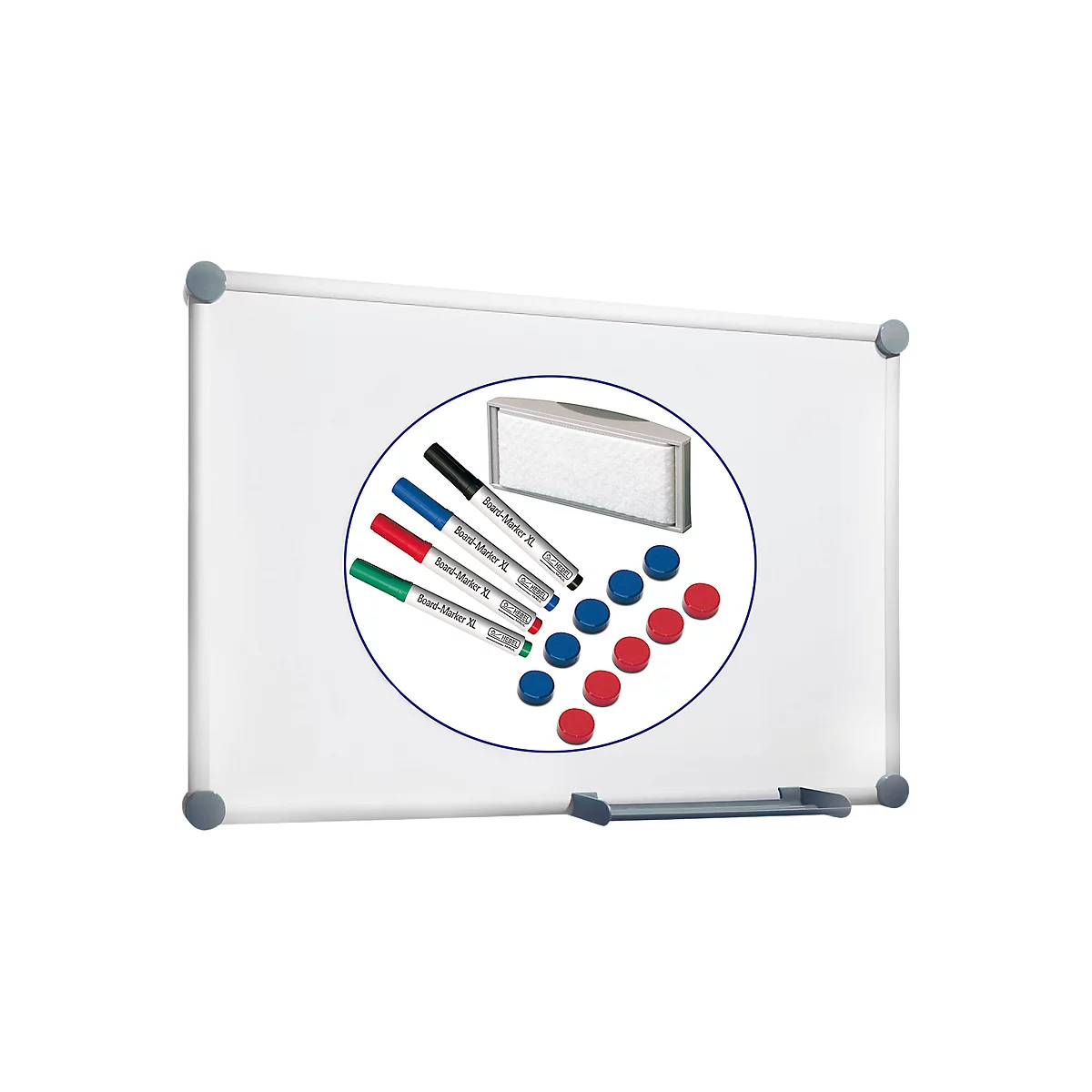 Whiteboard 2000 MAULpro, wit geëmailleerd, magnetisch, frame platinagrijs, B 1200 x H 900 mm + 15-delige accessoireset