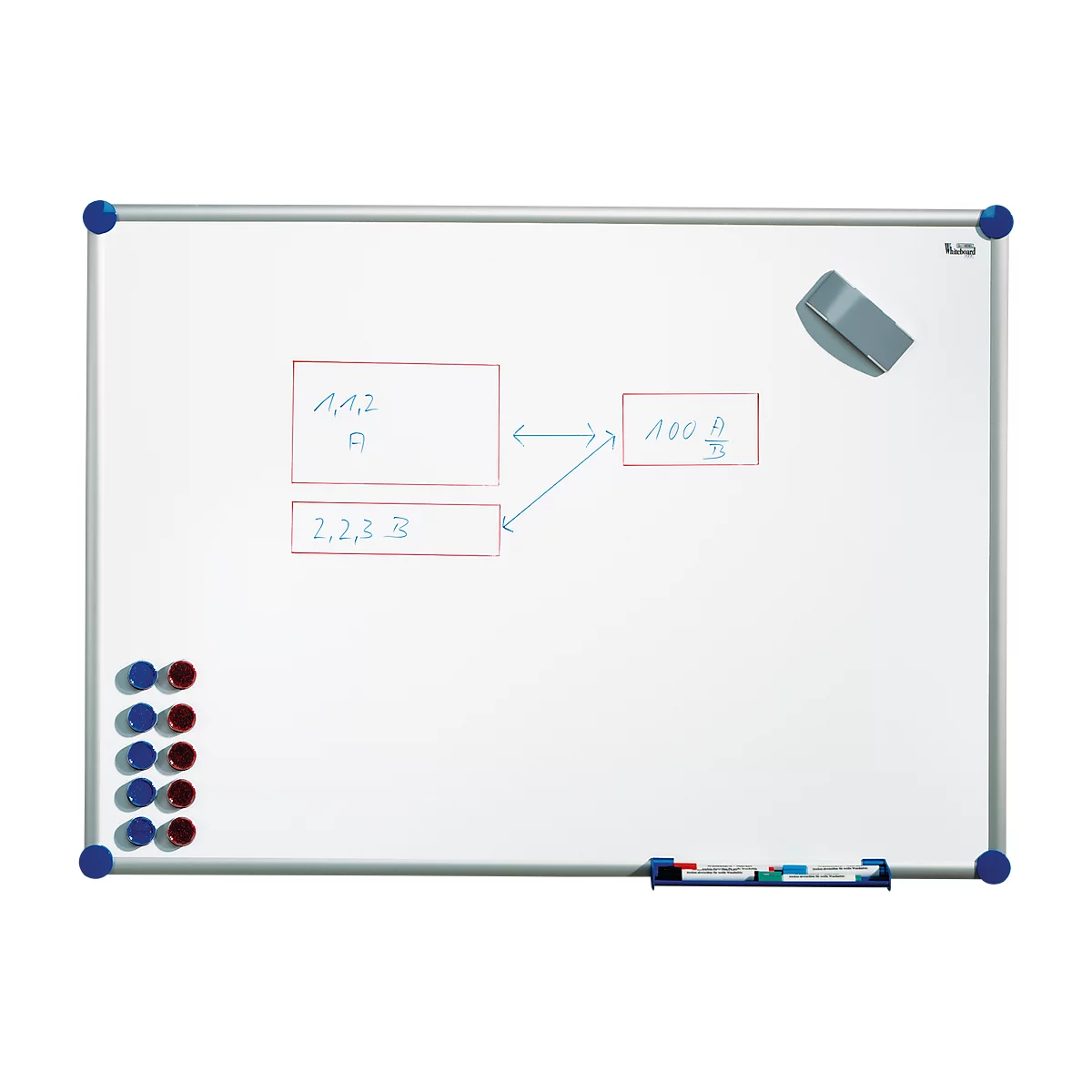 Whiteboard 2000 MAULpro, wit kunststof gecoat, magnetisch, frame zilver, B 1200 x H 900 mm + 15-delige accessoireset
