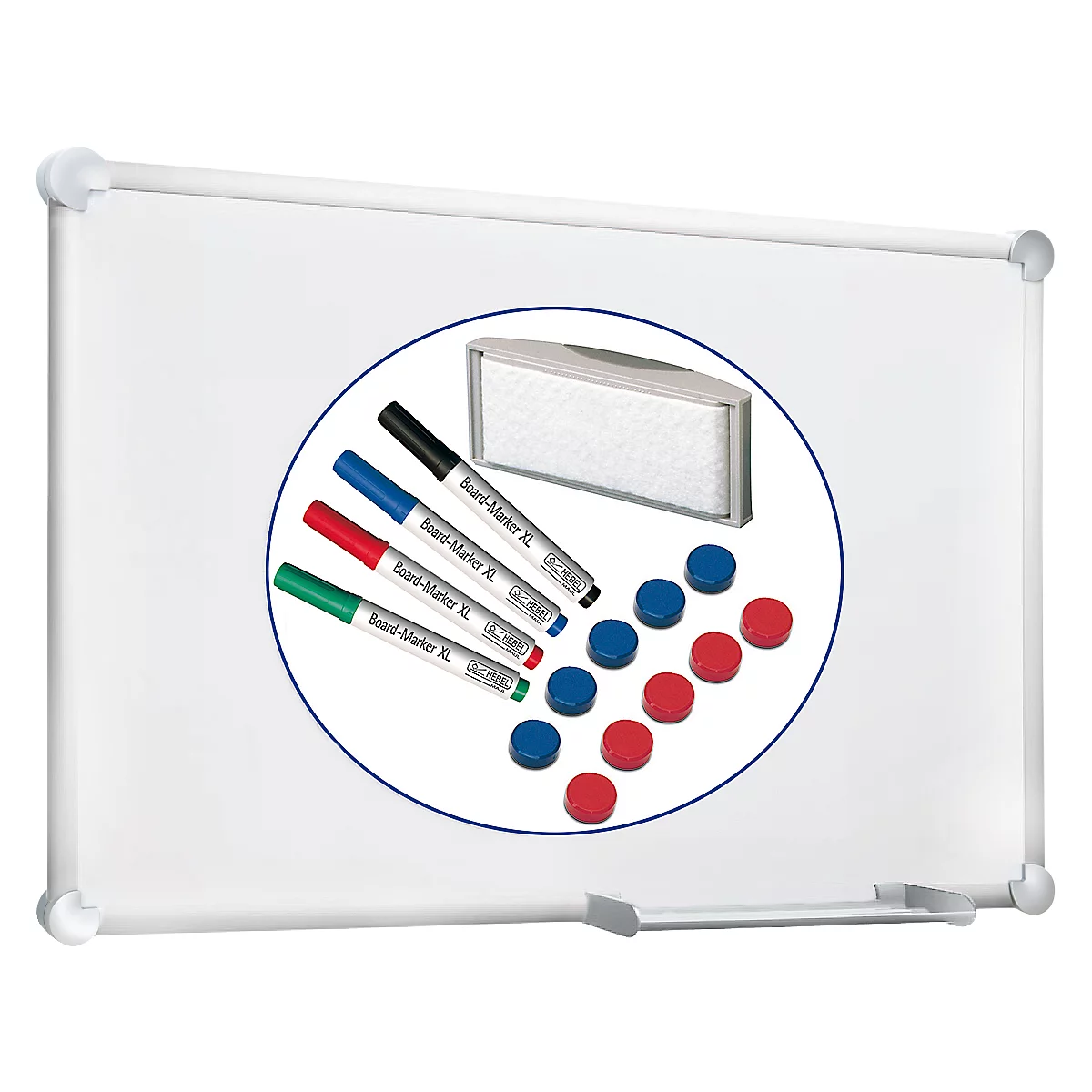 Een whiteboard met accessoireset, bestaande uit vier markers, een wisser en tien gekleurde magneten.