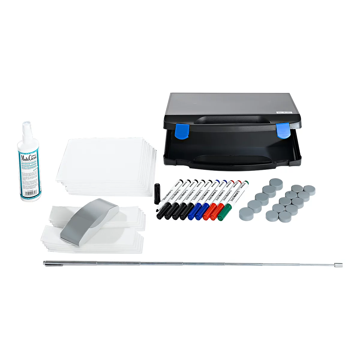 Presentation set with whiteboard, pens, magnets and accessories. Everything in a black case.
