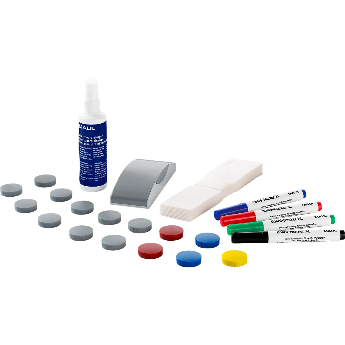 A set for writing on whiteboards, consisting of magnets, markers, sponge and cleaning spray.