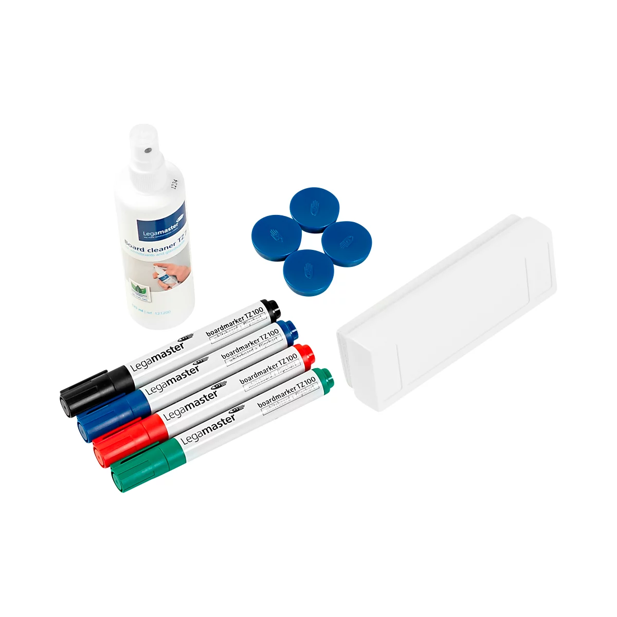 Whiteboardset: stiften, gum, magneten en reiniger.