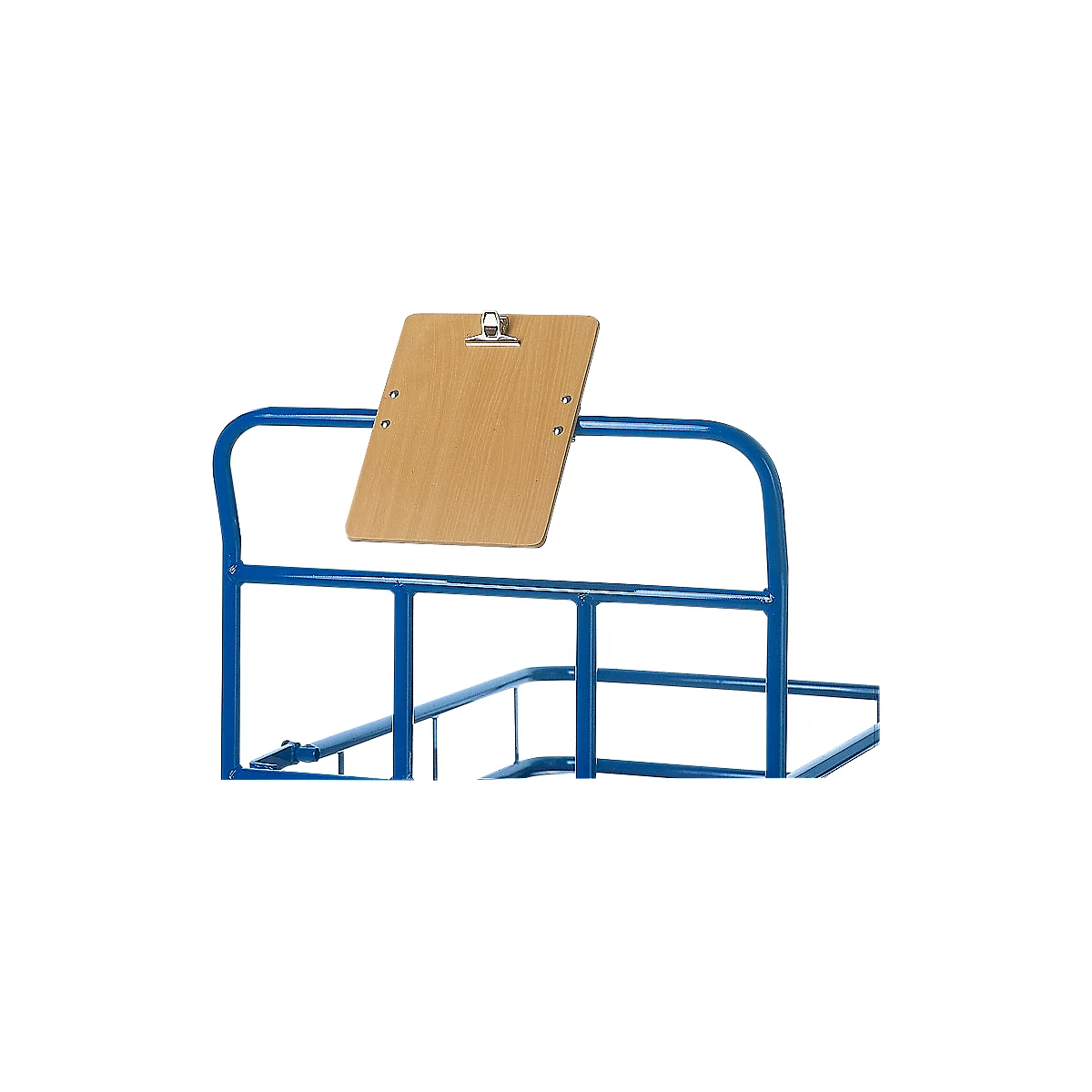 A detailed view of a transport cart with a wooden clipboard. The holder is made of blue metal, the board is attached with metal.