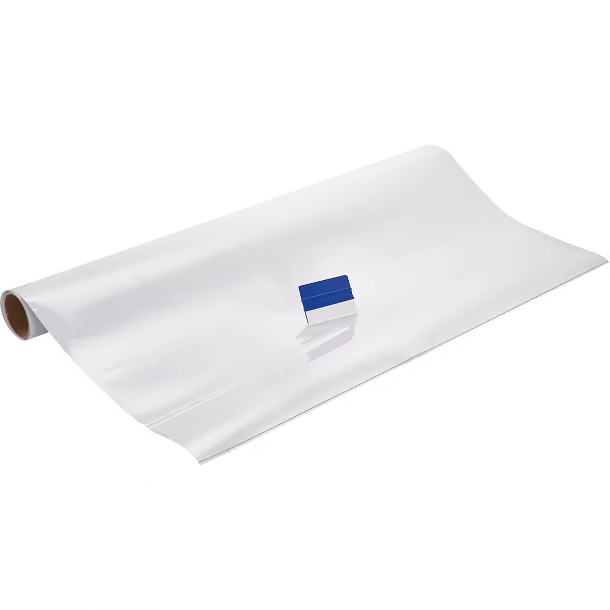 A roll of white paper with a blue squeegee.