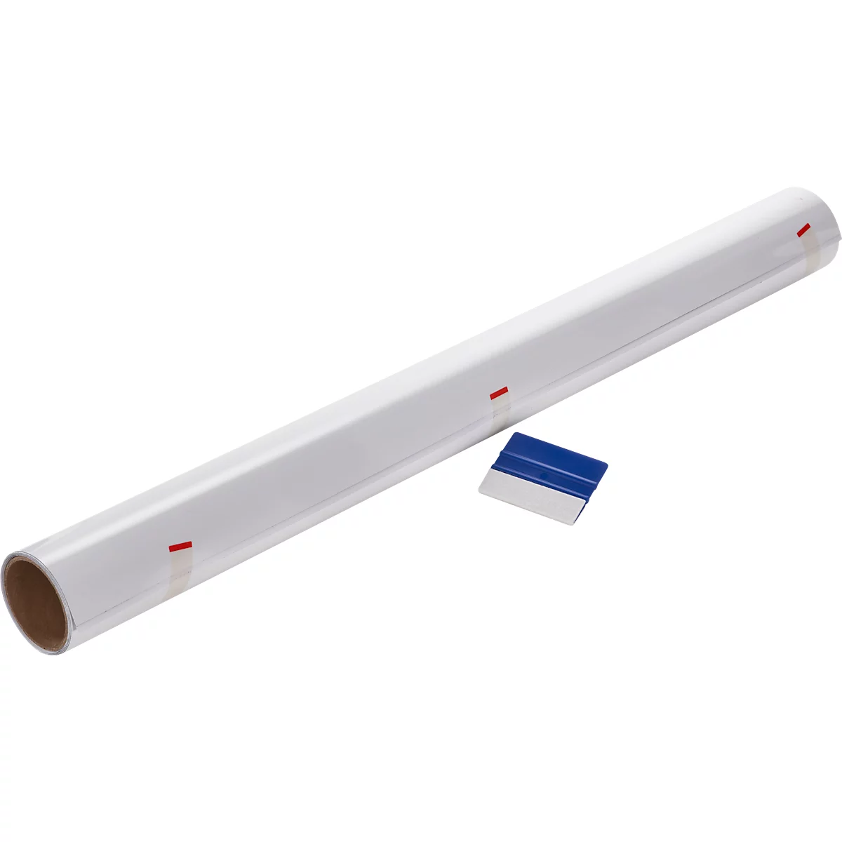 A white roll product with red markings and a blue squeegee. The background is white.