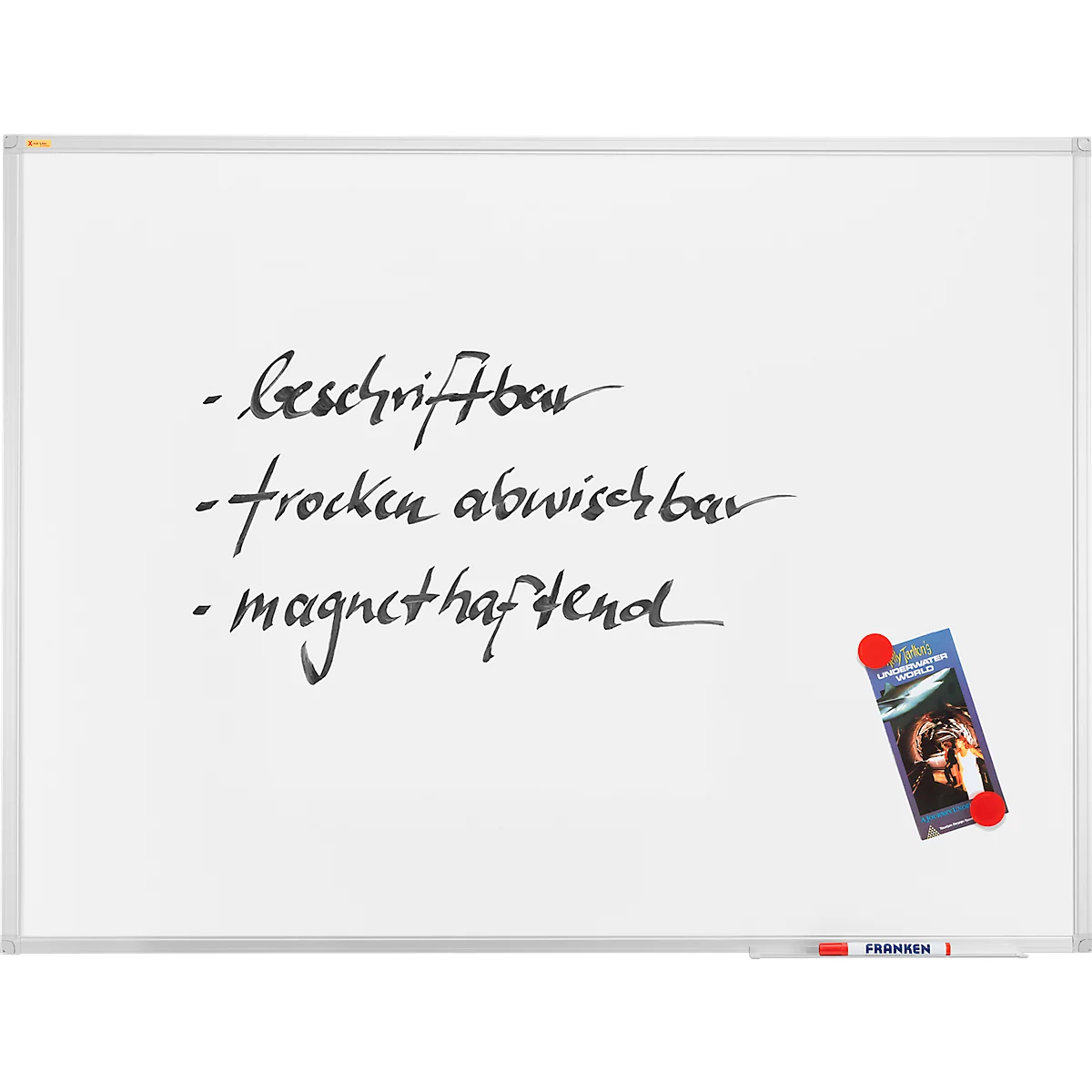 Whiteboard Franken X-tra!Line, emaillierte Oberfläche, magnethaftend, beschriftbar, inkl. Ablageschale, B 900 x H 600 mm, Stahl/Aluminium, weiß-silber