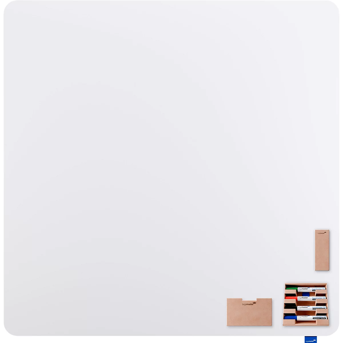Grosses, quadratisches Whiteboard mit abgerundeten Ecken. In der Ecke liegen Stifte und ein Halter.