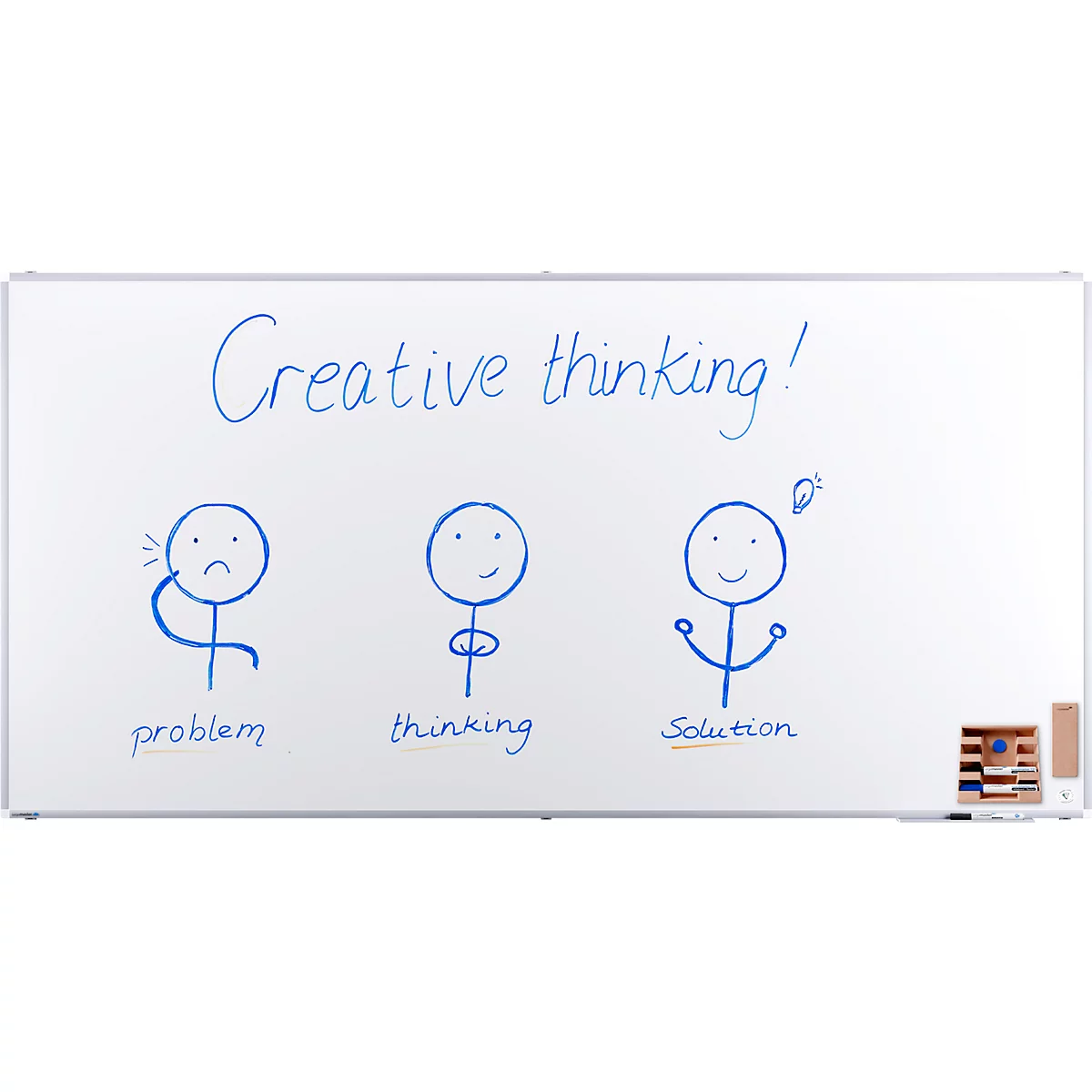 Whiteboard mit Zeichnungen: Problem, Denken und Lösung. Überschrift: Kreatives Denken!
