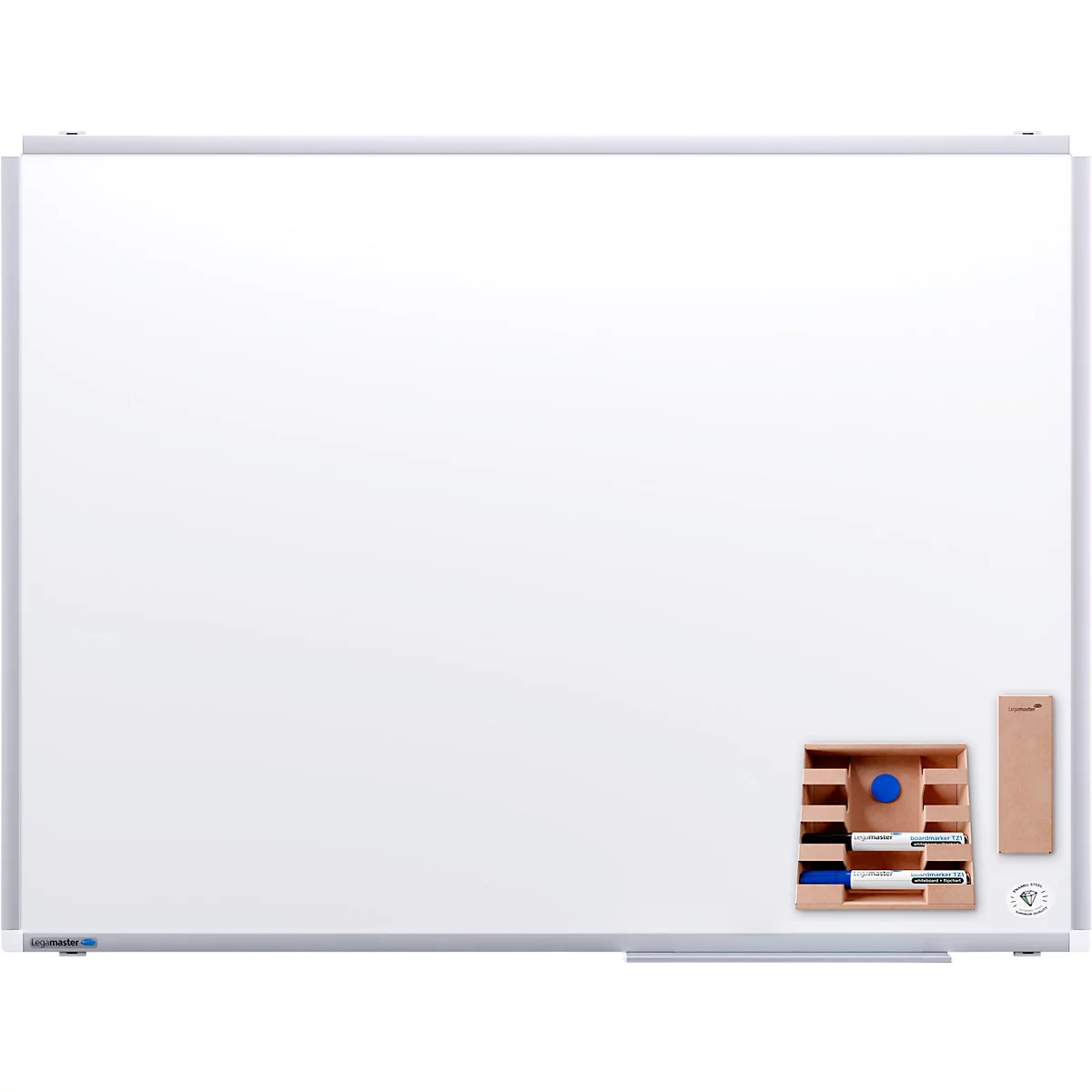 Weisses Whiteboard mit silbernem Rahmen, Stifthalterung und Wischer.