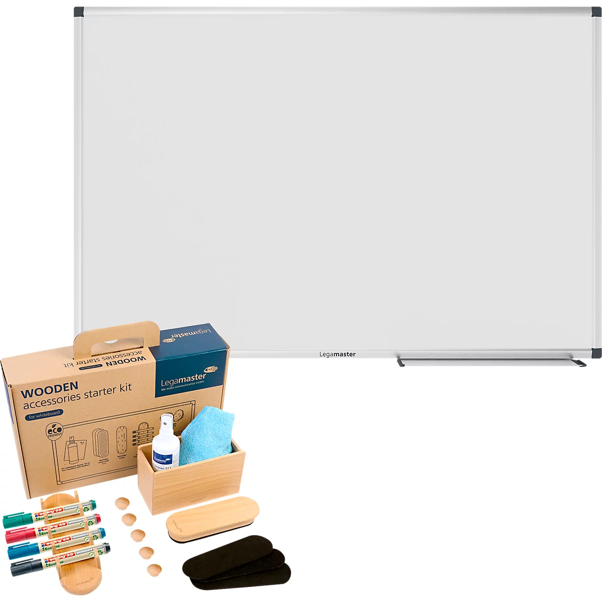 Whiteboard Legamaster UNITE, magnetisch, markeerplateau, B 1200 x D 12,6 x H 900 mm, geëmailleerd keramisch staal, wit, incl. whiteboard accessoireset WOODEN, 17-delig.