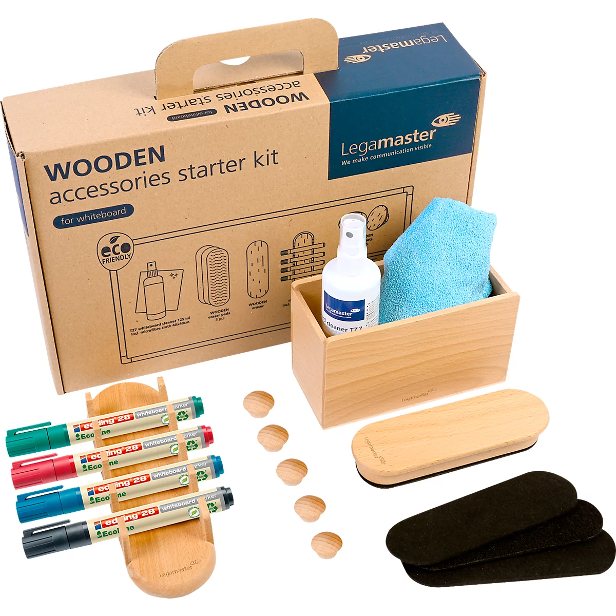 Whiteboard Legamaster UNITE, magnetisch, markeerplateau, B 1200 x D 12,6 x H 900 mm, geëmailleerd keramisch staal, wit, incl. whiteboard accessoireset WOODEN, 17-delig.