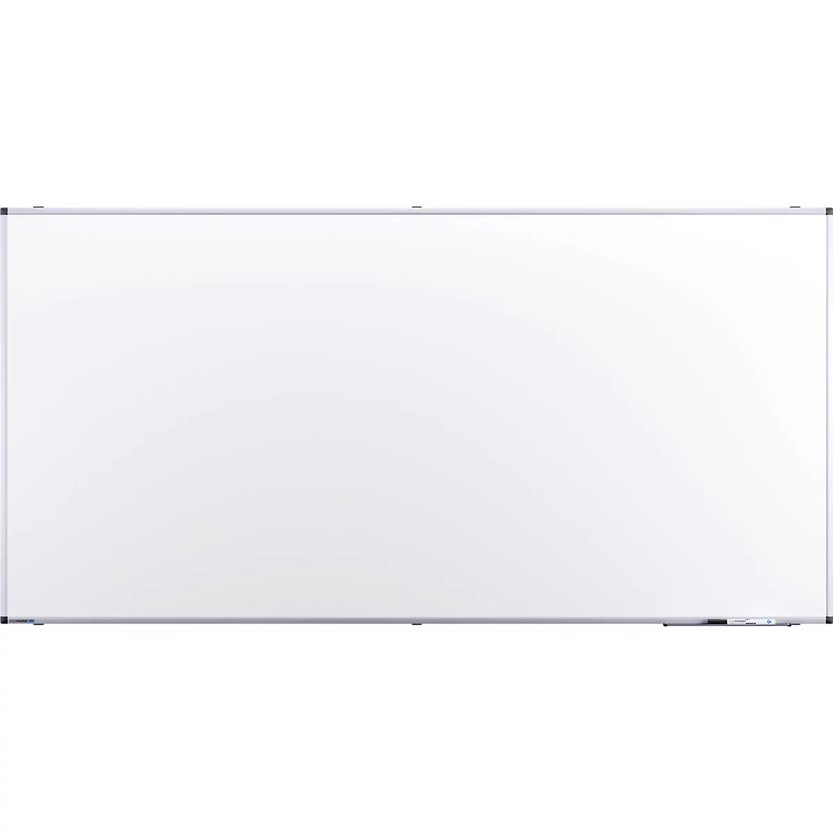 Grosse, rechteckige weisse Tafel mit silberfarbenem Rahmen. Minimalistisches Design, ideal zum Beschriften.
