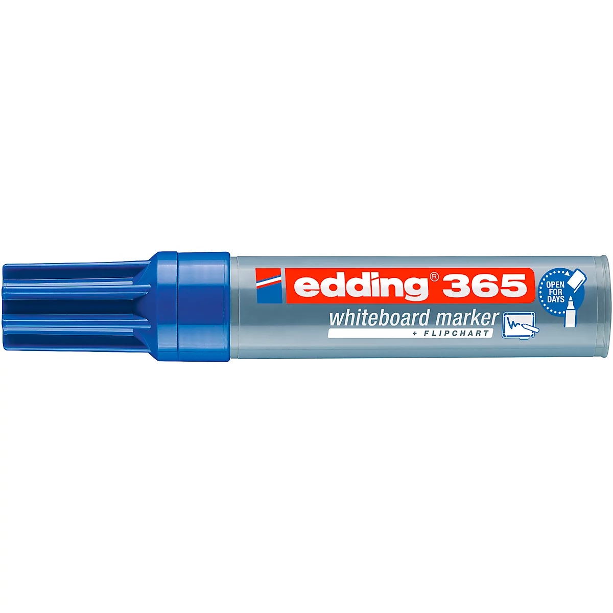 Blauwe Edding 365 whiteboard marker. Tekst met productinformatie.