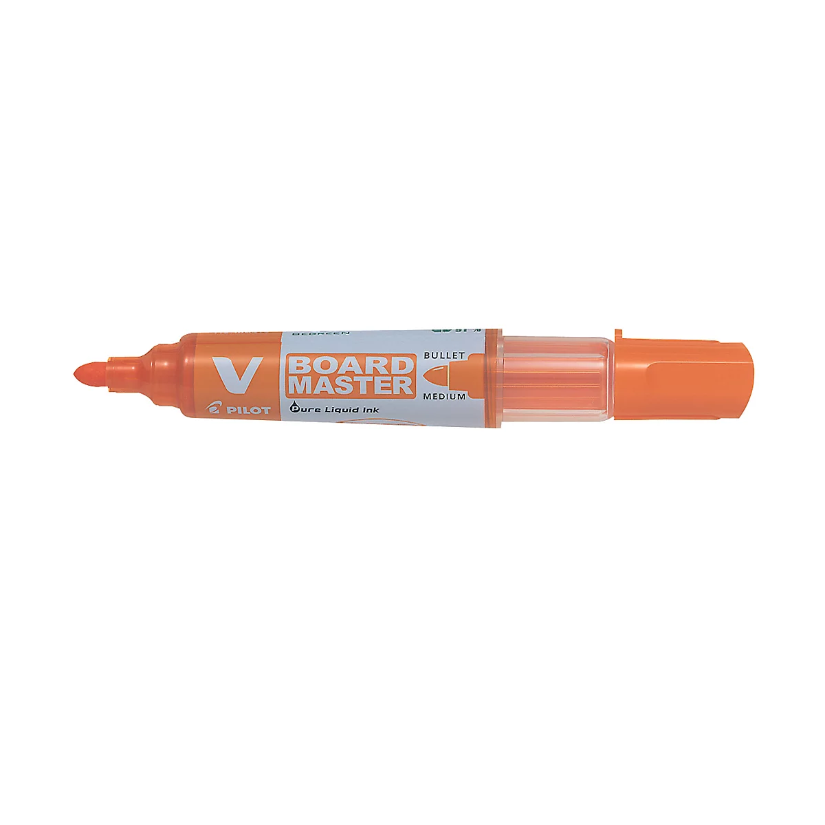 An orange Board Master marker with its cap removed. The marker has the text Board Master.