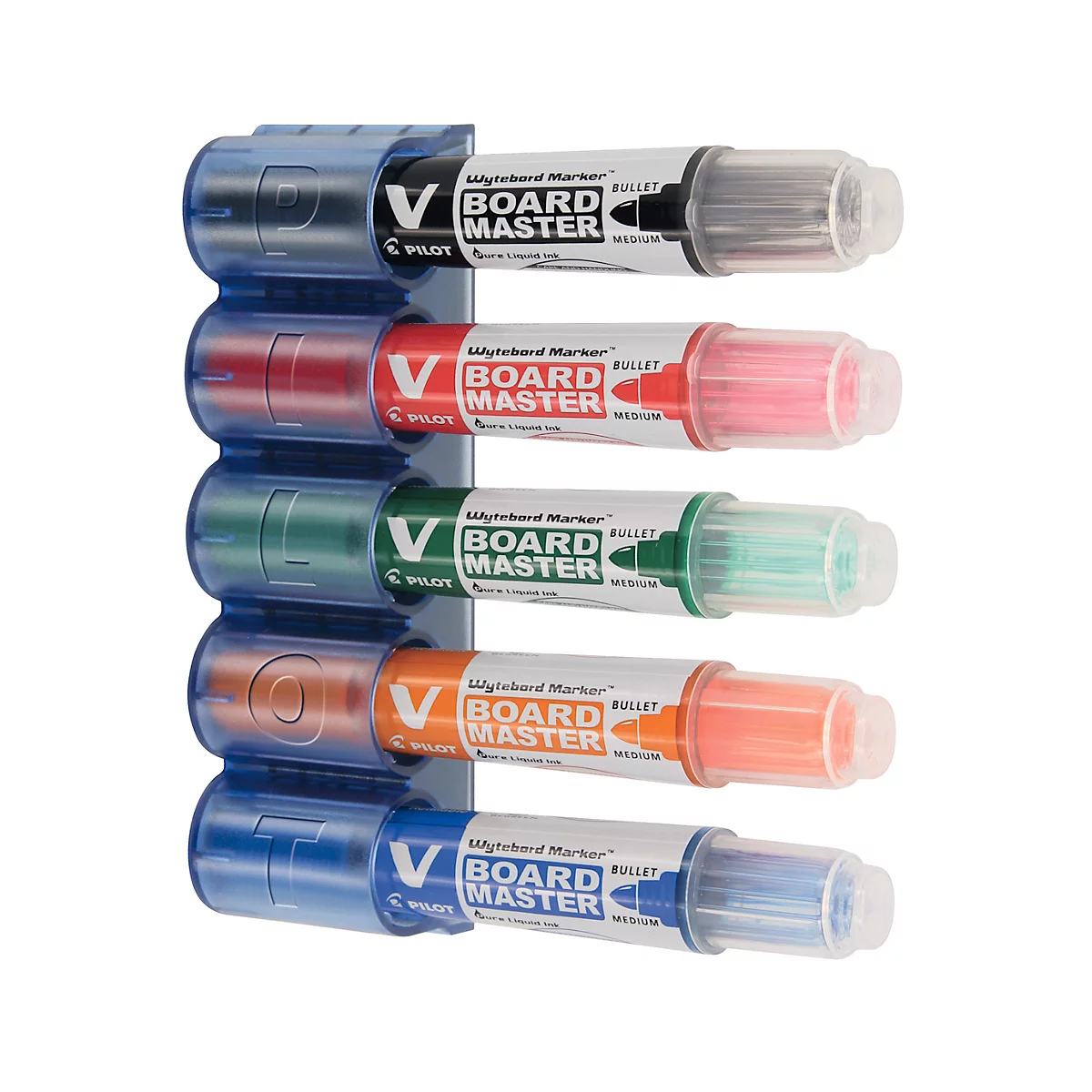 Five colored whiteboard markers in a holder, labeled "Board Master", various colors and lettering.