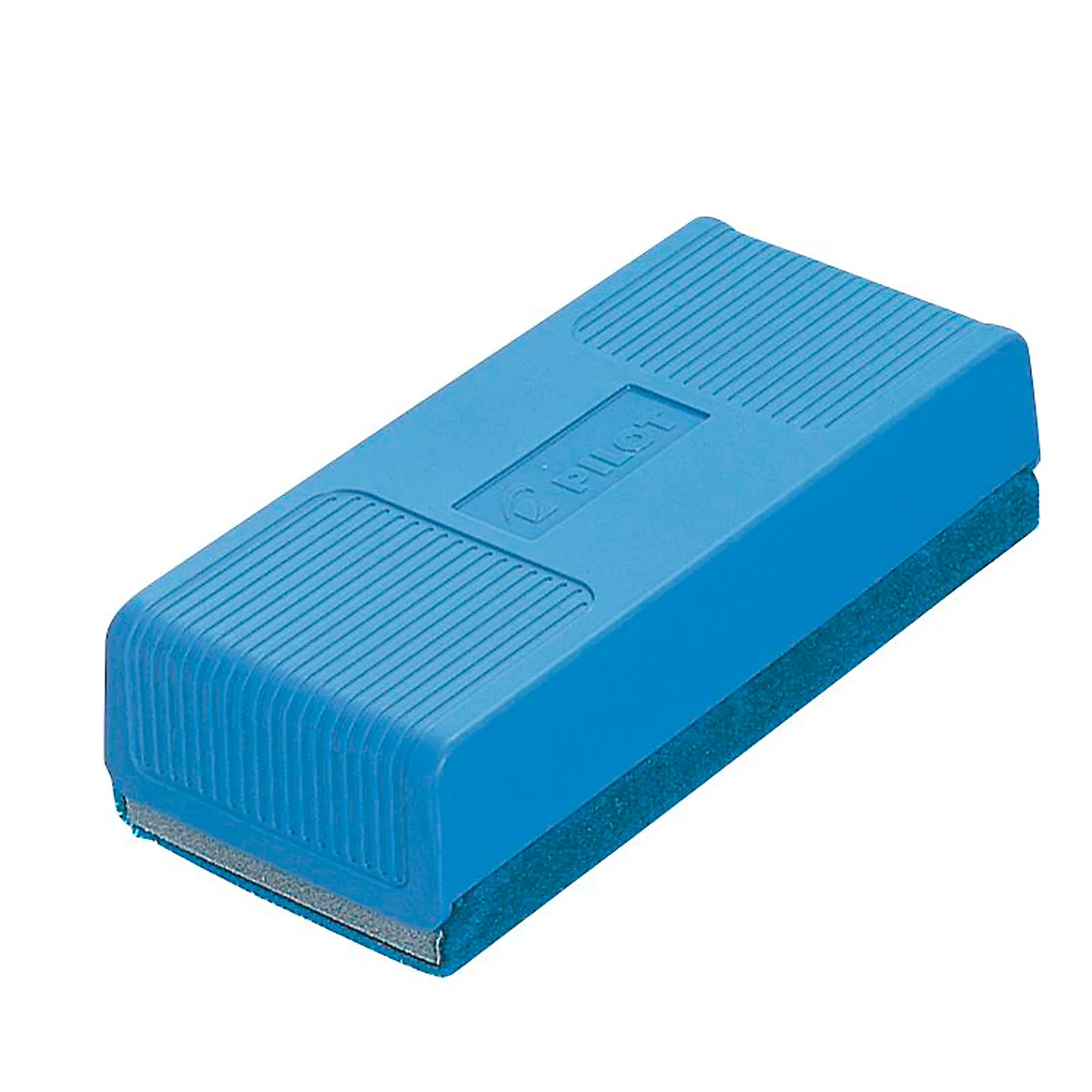 Blue whiteboard eraser with Pilot logo. Rectangular shape, made of plastic, with a felt side.