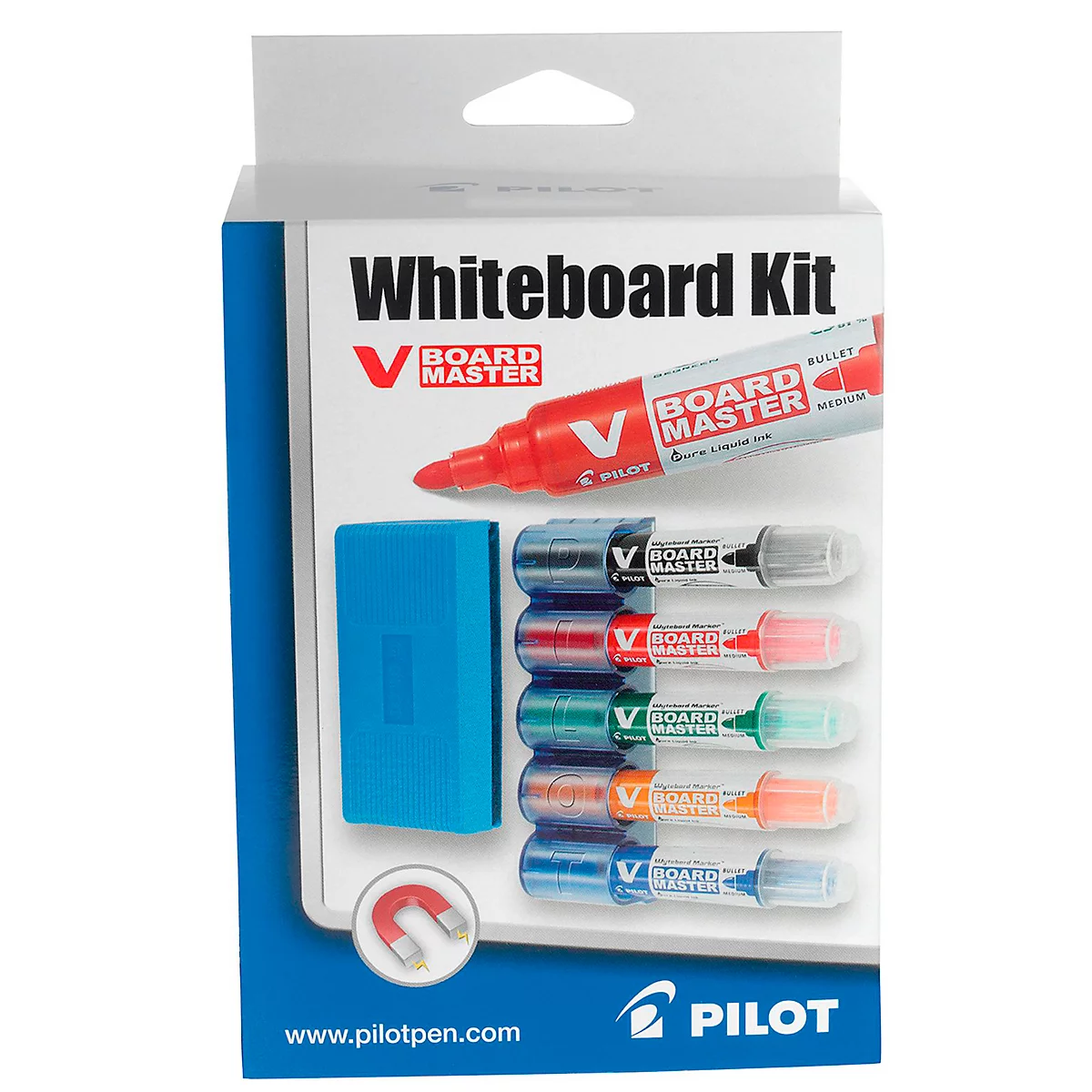 Whiteboard kit with pens, sponge, and magnets. A red pen lies on the packaging, with other pens in different colors.
