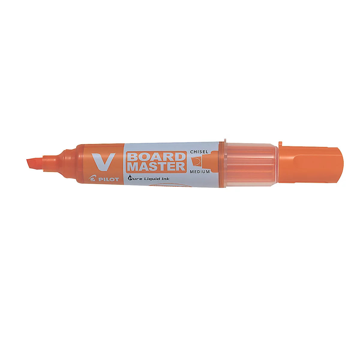 An orange Board Master marker with the words "BOARD MASTER CHISEL MEDIUM". The marker lies on a white background.