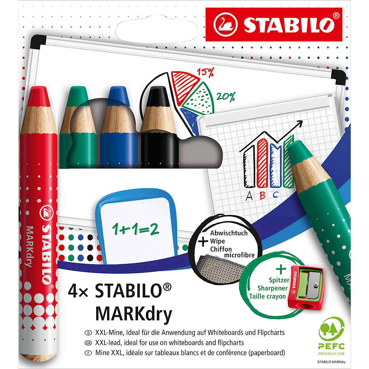 Whiteboard Marker Stabilo MarkDry, Rundpsitze, 1-10 mm, schnell trocknend, 4er Etui, schwarz/blau/rot/grün