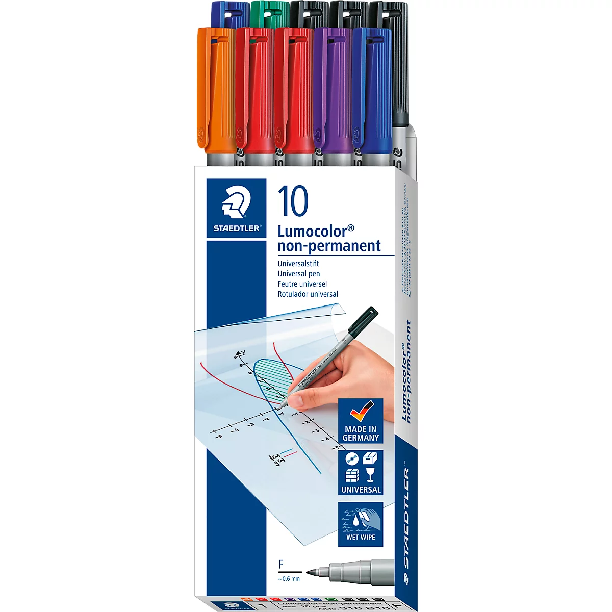 Whiteboard marker Staedtler Lumocolor® 316, lijndikte F, veeg- en wateroplosbaar, sneldrogend, navulbaar, clip, geassorteerde kleuren, 10 st.