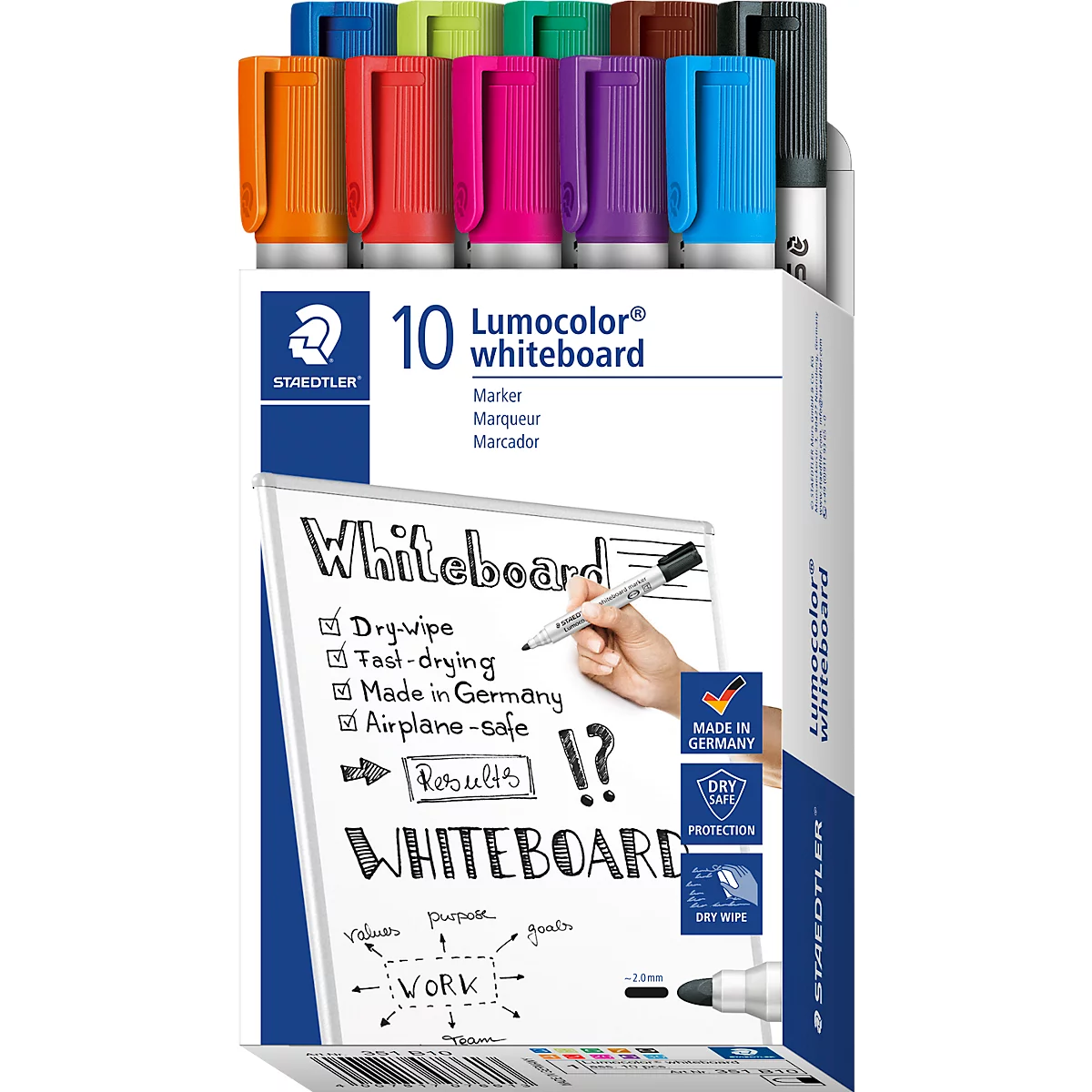Whiteboard marker Staedtler Lumocolor® 351, ronde punt met 2 mm, sneldrogend &amp; droog uitwisbaar, met clip, geassorteerde kleuren, 10 st.
