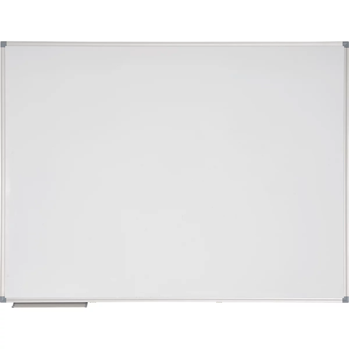 Large, white whiteboard with a narrow, silver frame. There is a gray pen holder at the bottom.