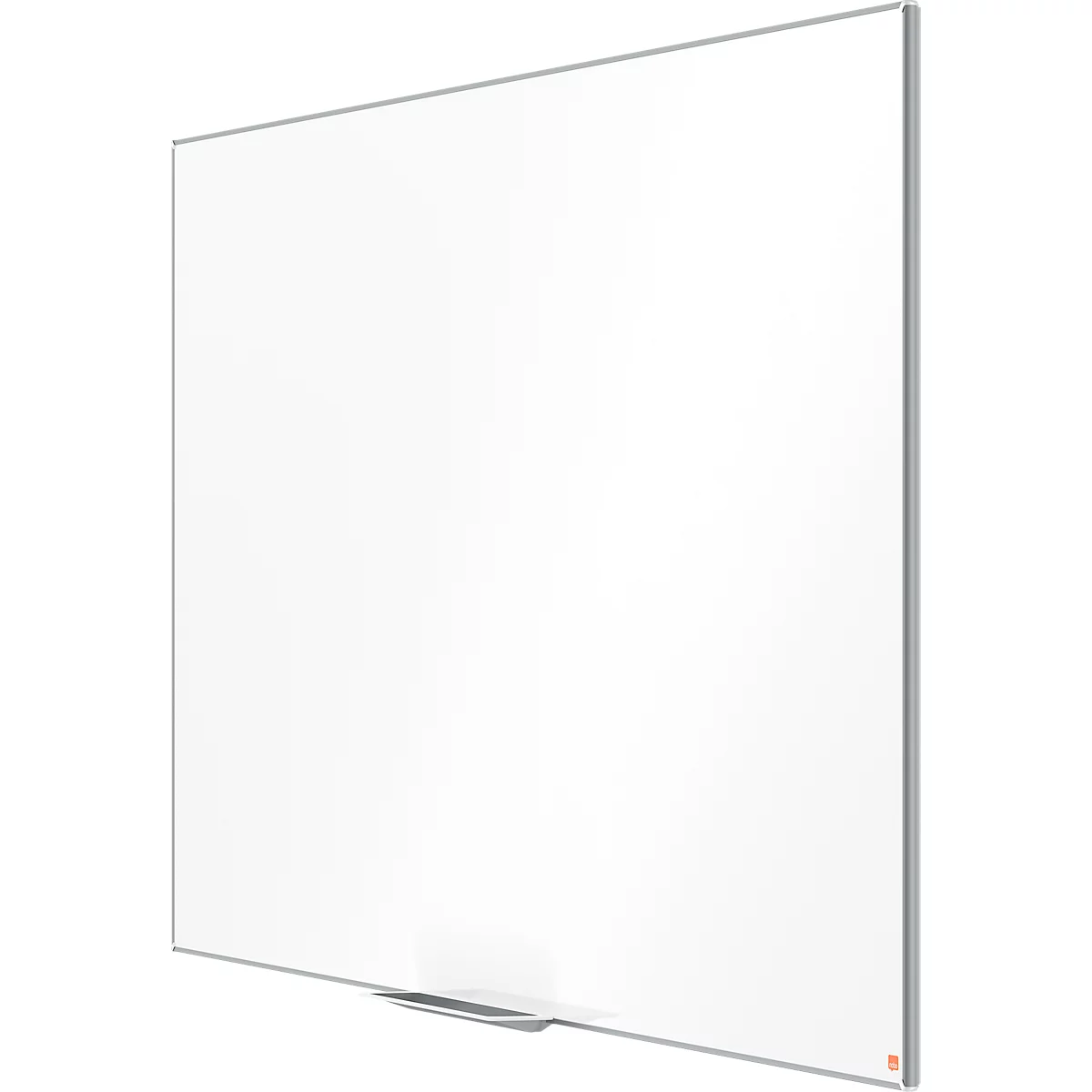 Tableau blanc rectangulaire avec cadre argenté, perspective légèrement de côté.