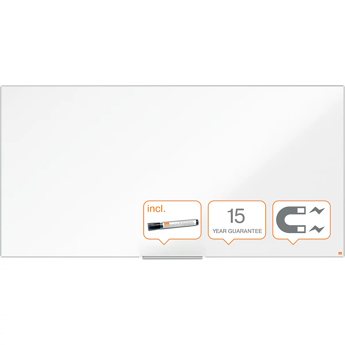 Tableau blanc avec marqueur, aimant et garantie de 15 ans. Texte : incl., 15 YEAR GUARANTEE, aimant.
