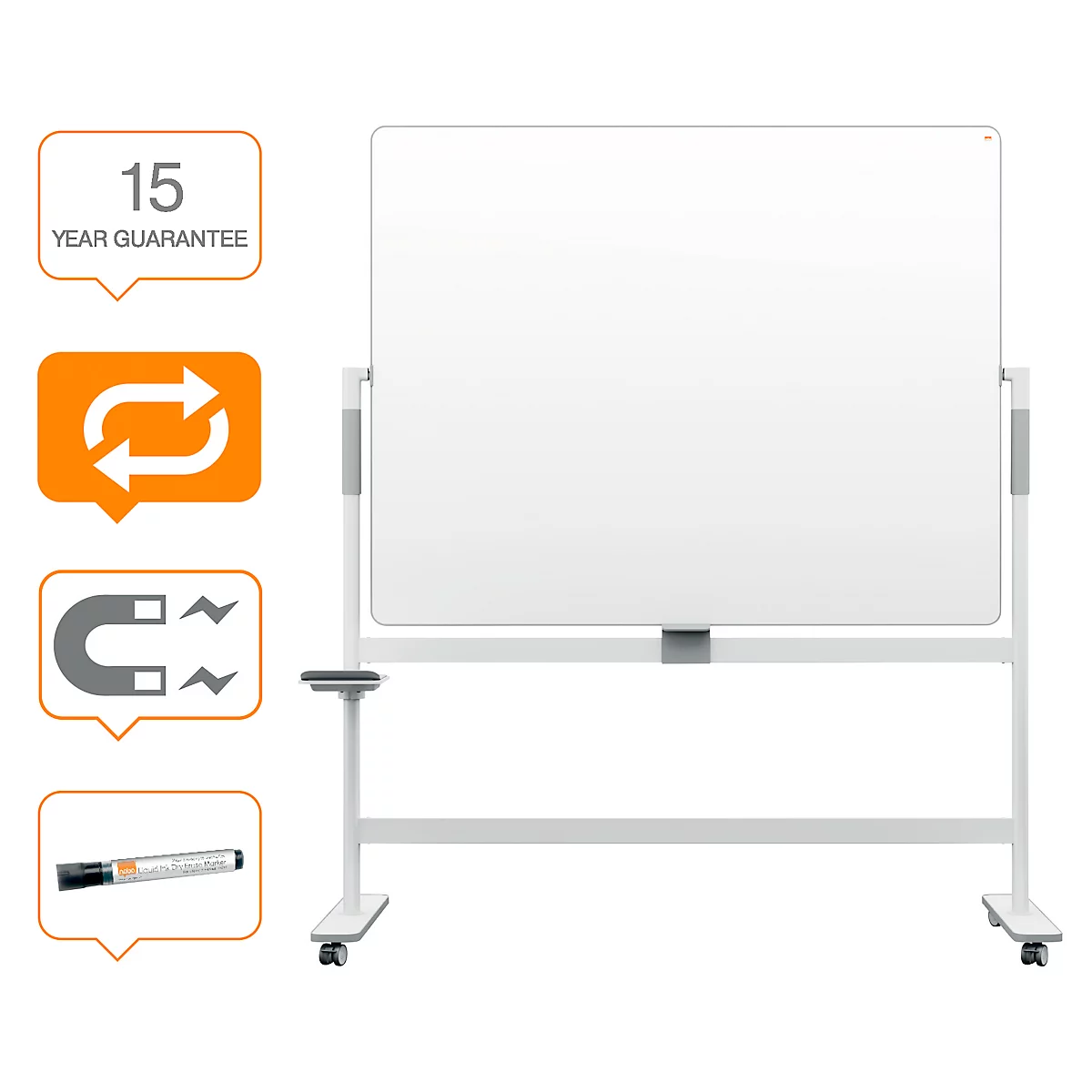 Whiteboard Nobo Move & Meet, Stiftablage, horizontaler Drehpunkt, feststellbare Rollen, B 1500 x H 1200 mm, weiß