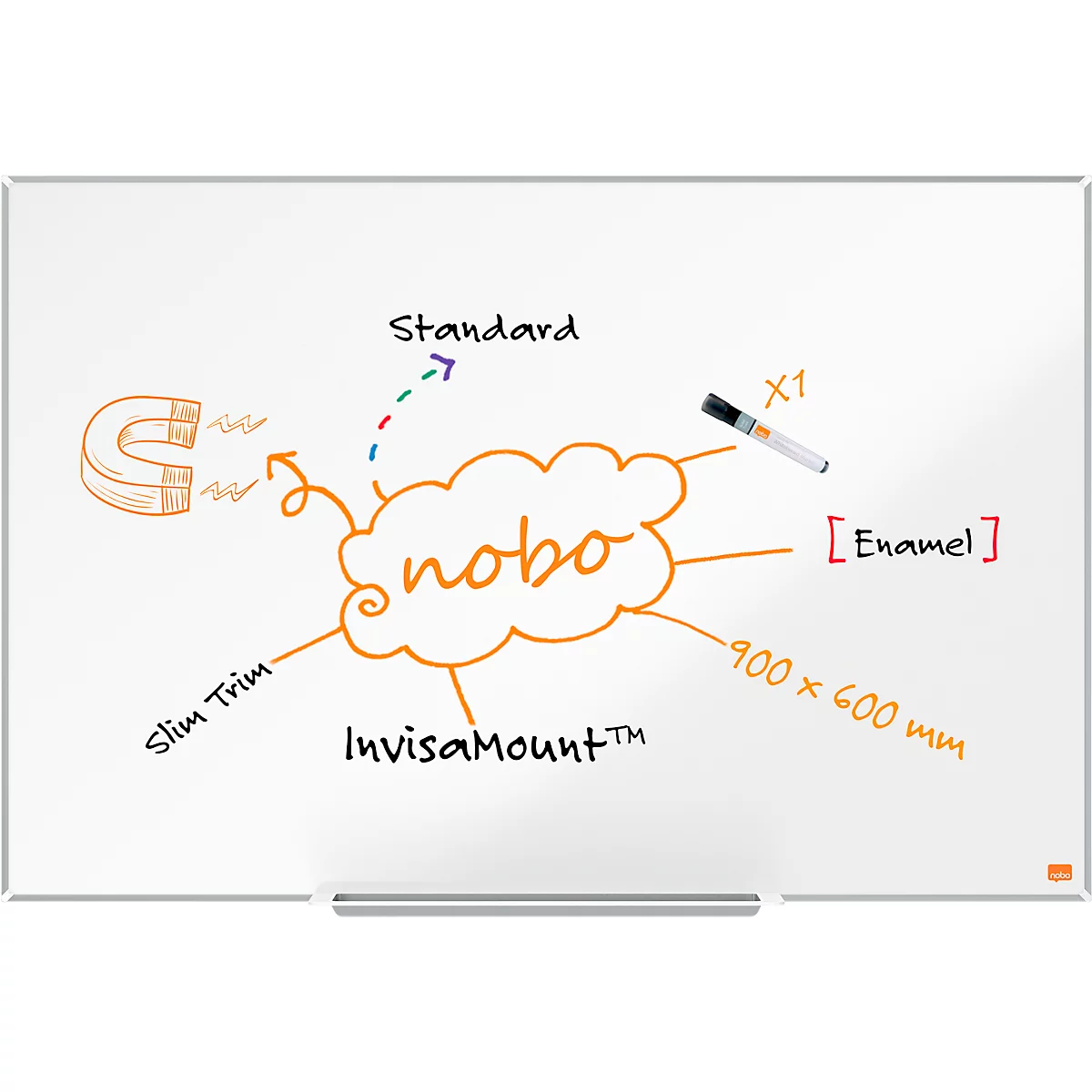 Whiteboard Prestige nobo - aluminium frame - geëmailleerd - B 900 x H 600 mm - met afleggoot