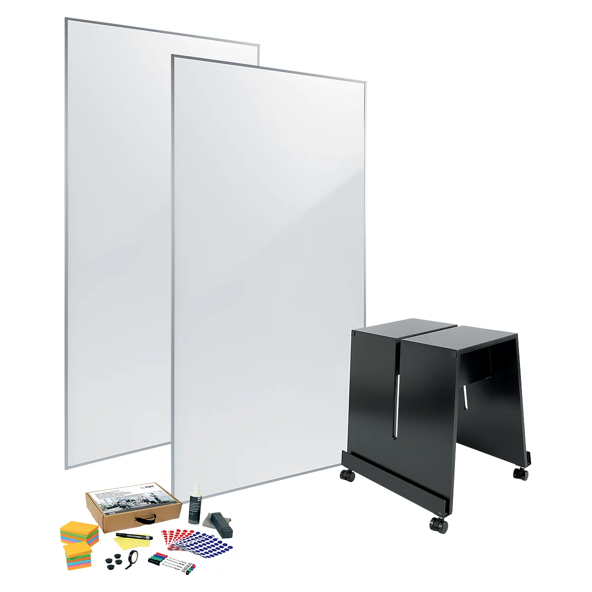 Whiteboard Set sigel MUB03, 4-teilig, 2 x Whiteboard B 900 x H 1800 mm, 1 x mobiler Ständer & umfangr. Toolkit