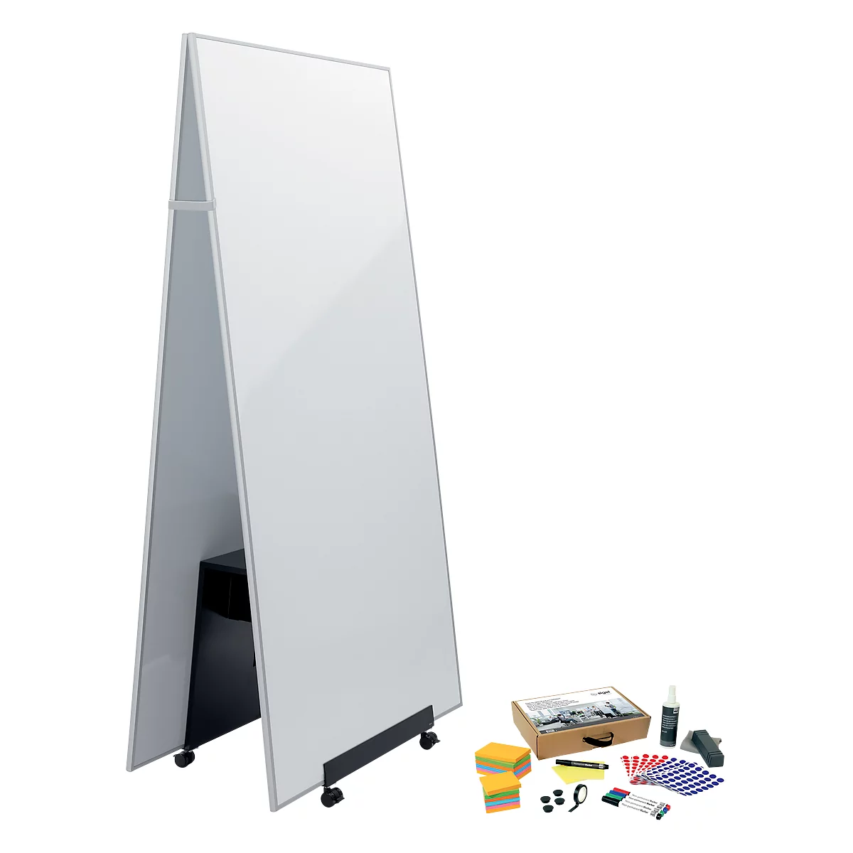 Whiteboard Set sigel MUB03, 4-teilig, 2 x Whiteboard B 900 x H 1800 mm, 1 x mobiler Ständer & umfangr. Toolkit