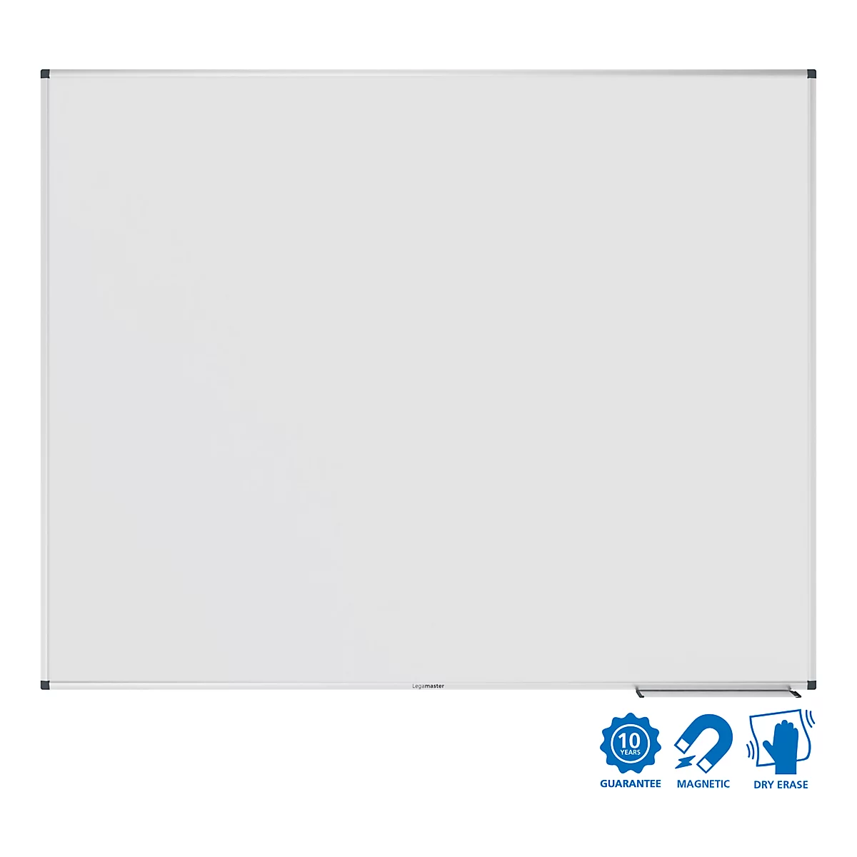 Wit whiteboard met zilveren lijst. Symbolen voor garantie, magnetisch en droog veegbaar staan rechtsonder.