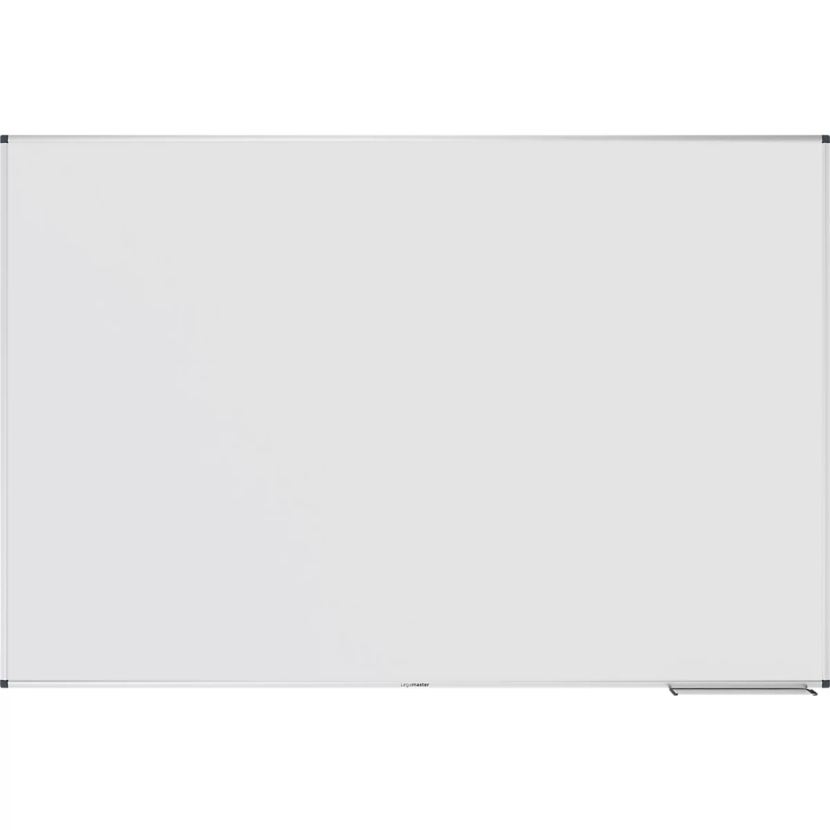 Wit whiteboard met zilveren frame. De onderste rechterhoek toont een pennenhouder.