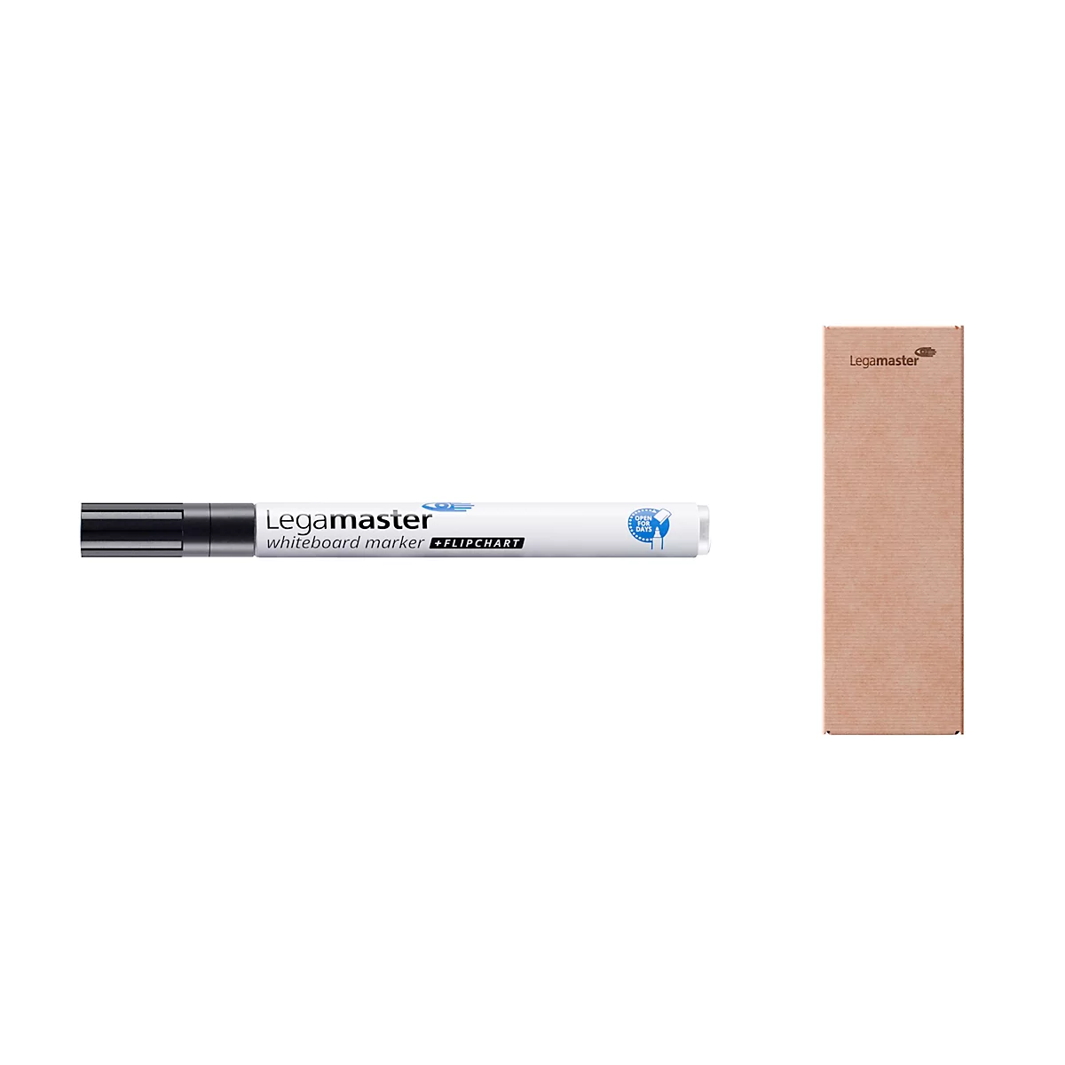 Een witte Legamaster whiteboard marker met een zwarte punt en bruine verpakking rechts.
