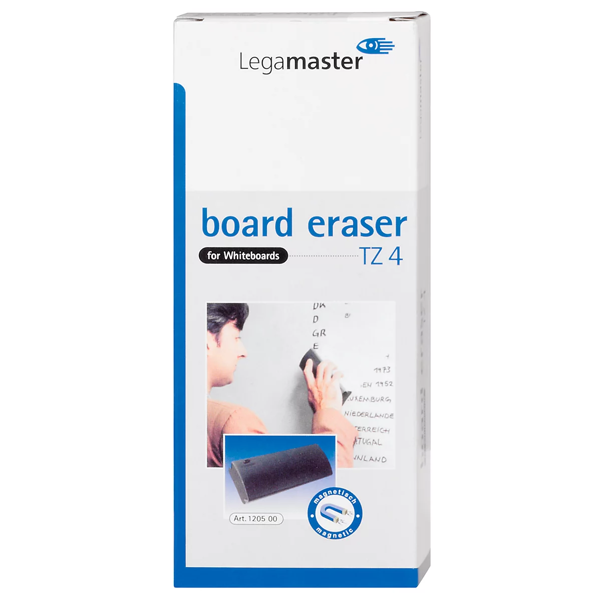 Packaging of a Legamaster board eraser TZ 4. The packaging shows a man cleaning a whiteboard with a board eraser. The board eraser itself is shown in the image below.