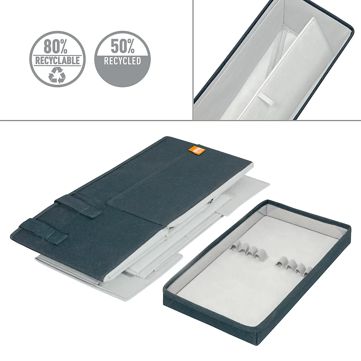 Whiteboard-Zubehörtasche Nobo, mit Inhalt, magnetischer Deckel, zusammenklappbar, bis 8 kg, B 299 x T 355 x H 230 mm, Recyclingstoff, anthrazitgrau
