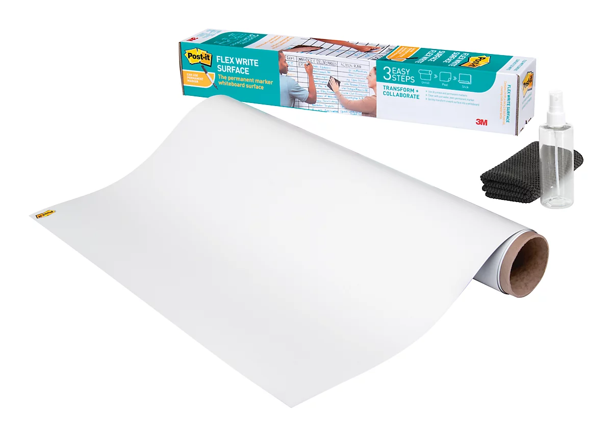 Whiteboardfolie Post-it® Flex Write Surface, selbstklebend, beschreibbar, Mikrofasertuch & Sprühflasche, 1 Blatt auf Rolle, B 1220 x H 2240 mm, weiß