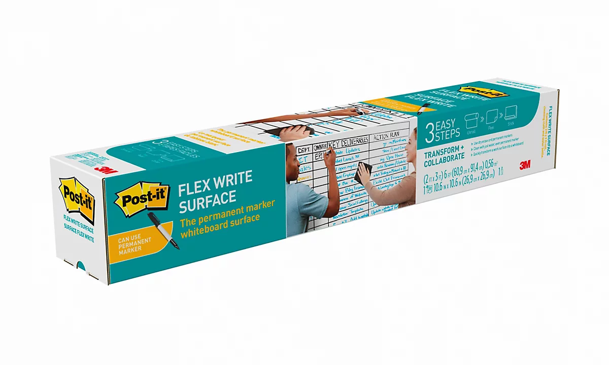 Whiteboardfolie Post-it® Flex Write Surface, selbstklebend, beschreibbar, Mikrofasertuch & Sprühflasche, 1 Blatt auf Rolle, B 1220 x H 2240 mm, weiß